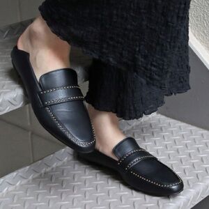 Zara Black Soft Leather Studded Loafer Sz 7.5